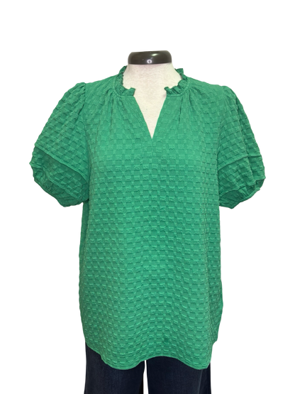Green Textured Puff Sleeve Top
