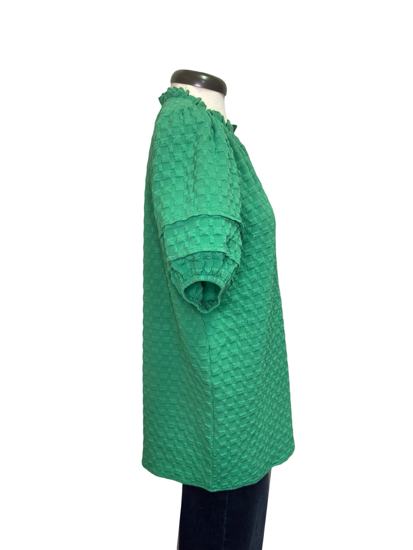 Green Textured Puff Sleeve Top