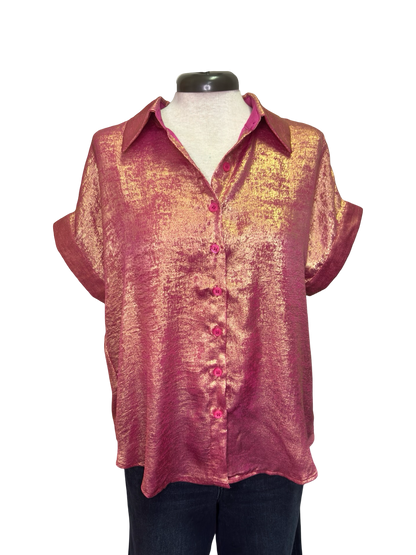 Rosy Red Metallic Sheen Button Shirt