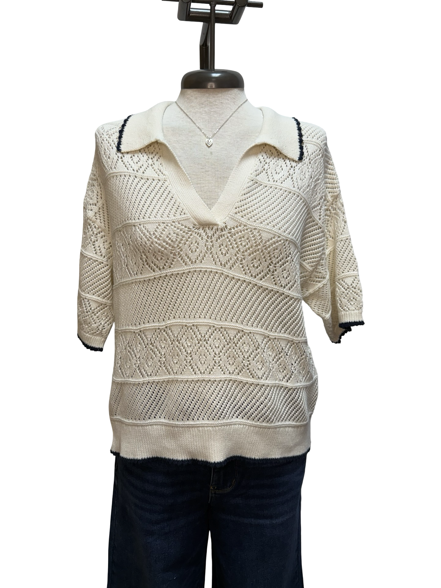 Denman Crochet Polo Sweater Sandstone