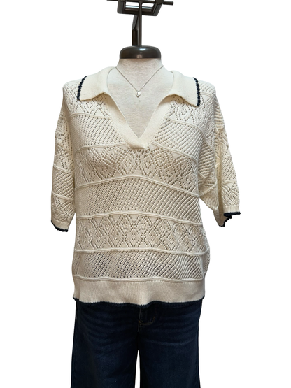 Denman Crochet Polo Sweater Sandstone
