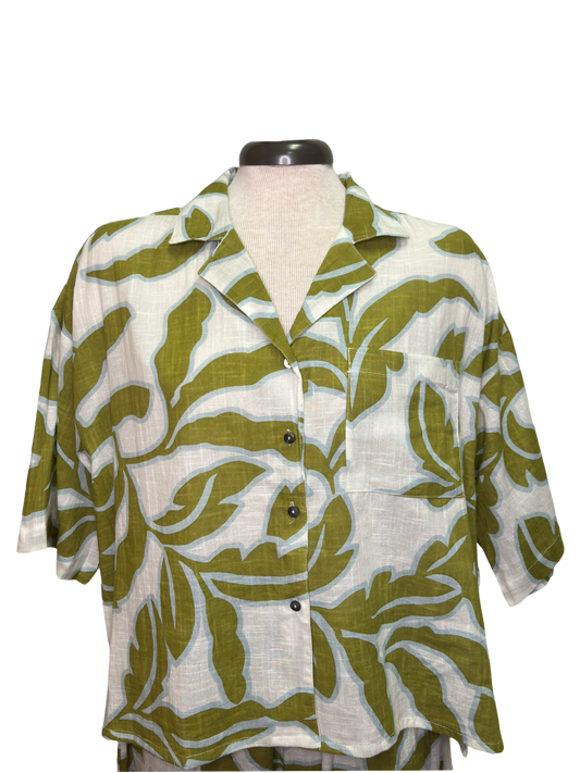 Tropical Collared Top Olive White