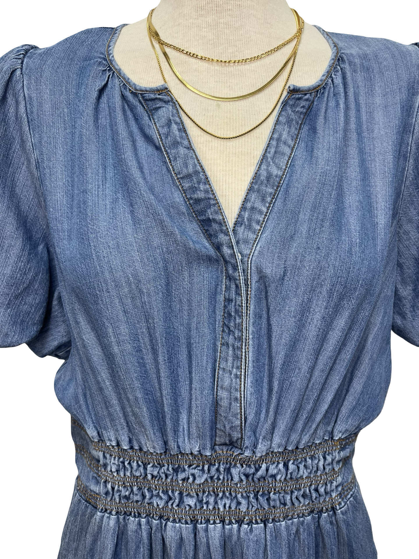 Bubble Sleeve Washed Denim Maxi Dress