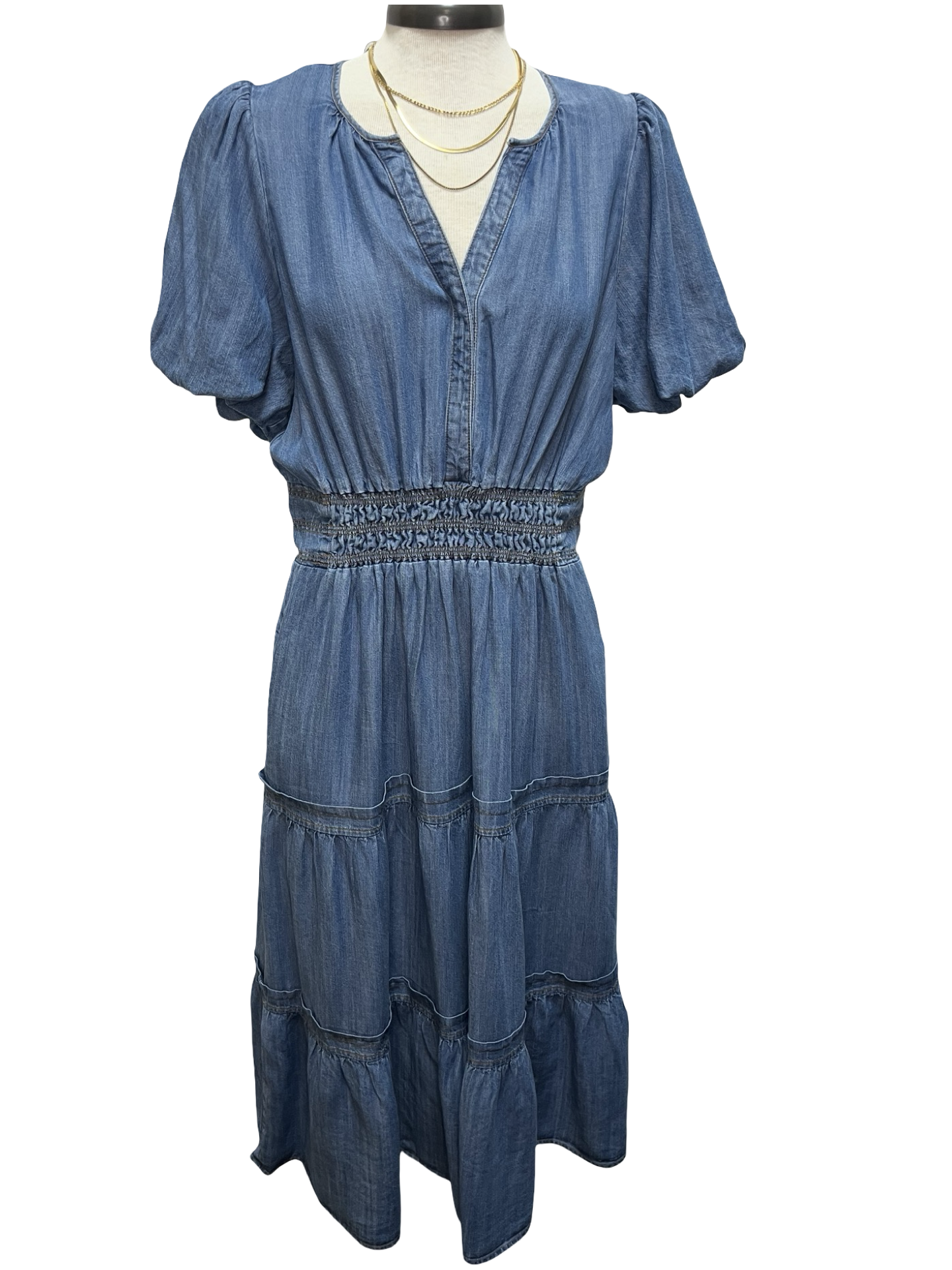 Bubble Sleeve Washed Denim Maxi Dress