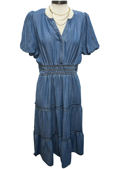 Bubble Sleeve Washed Denim Maxi Dress