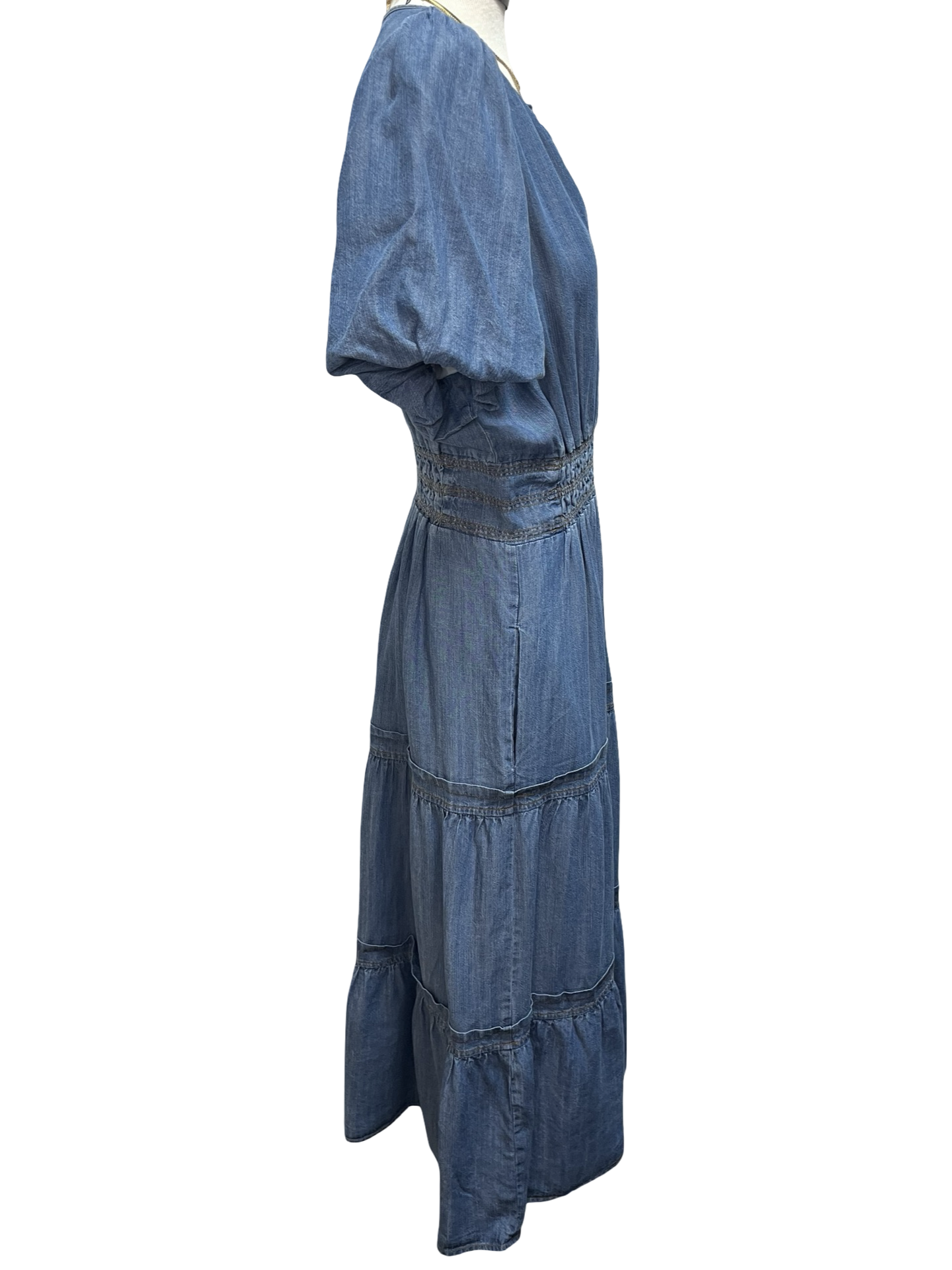 Bubble Sleeve Washed Denim Maxi Dress