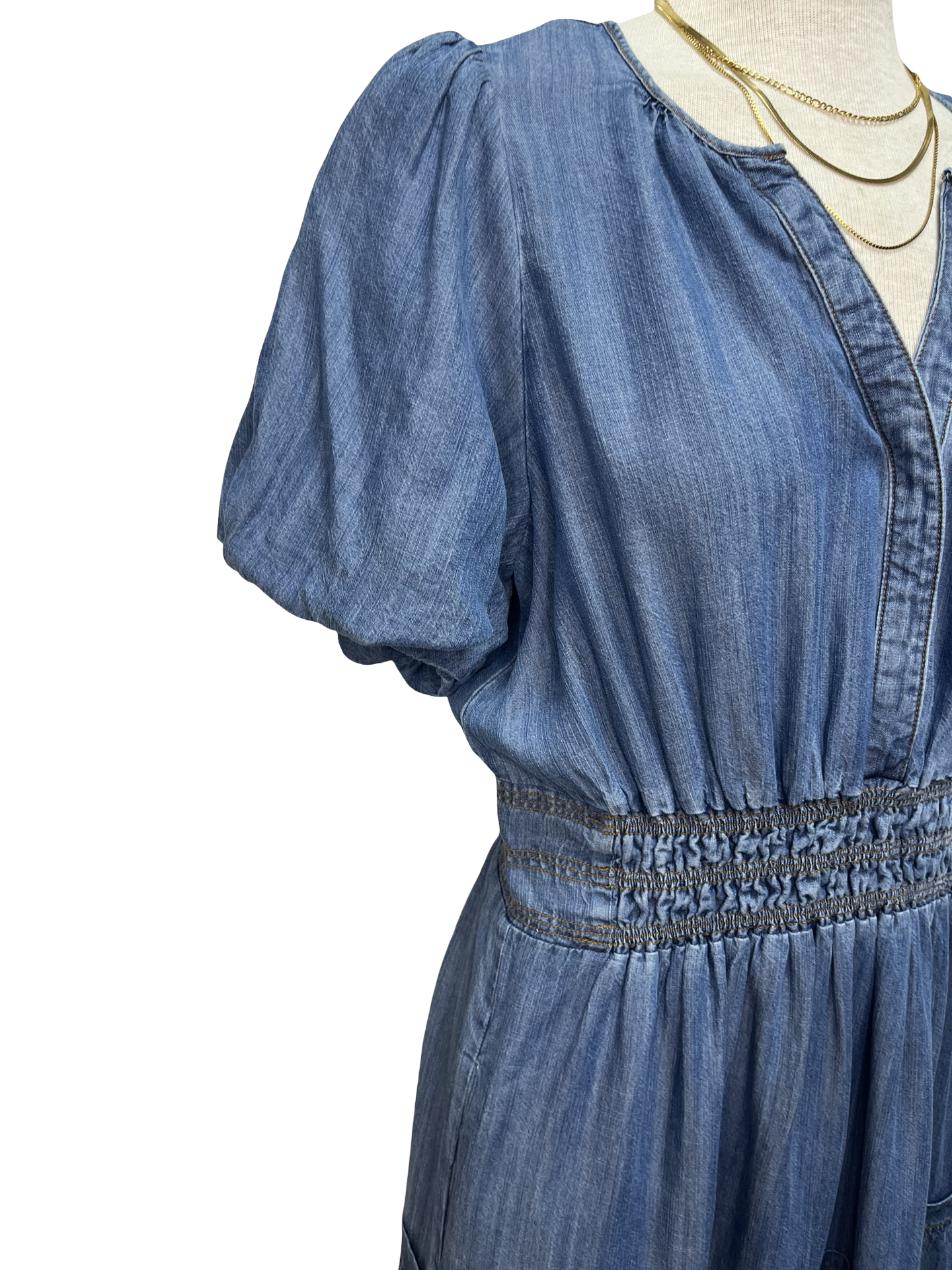 Bubble Sleeve Washed Denim Maxi Dress