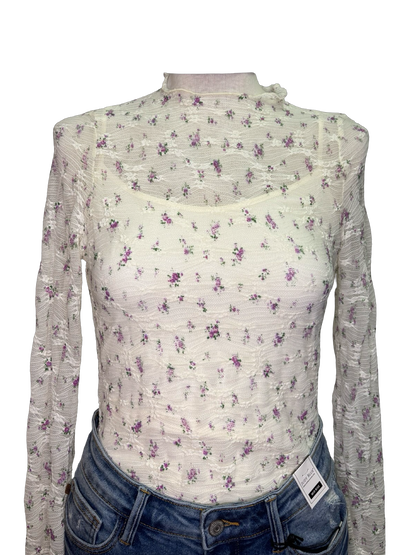 Ditsy Floral Printed Lace Top Ivory