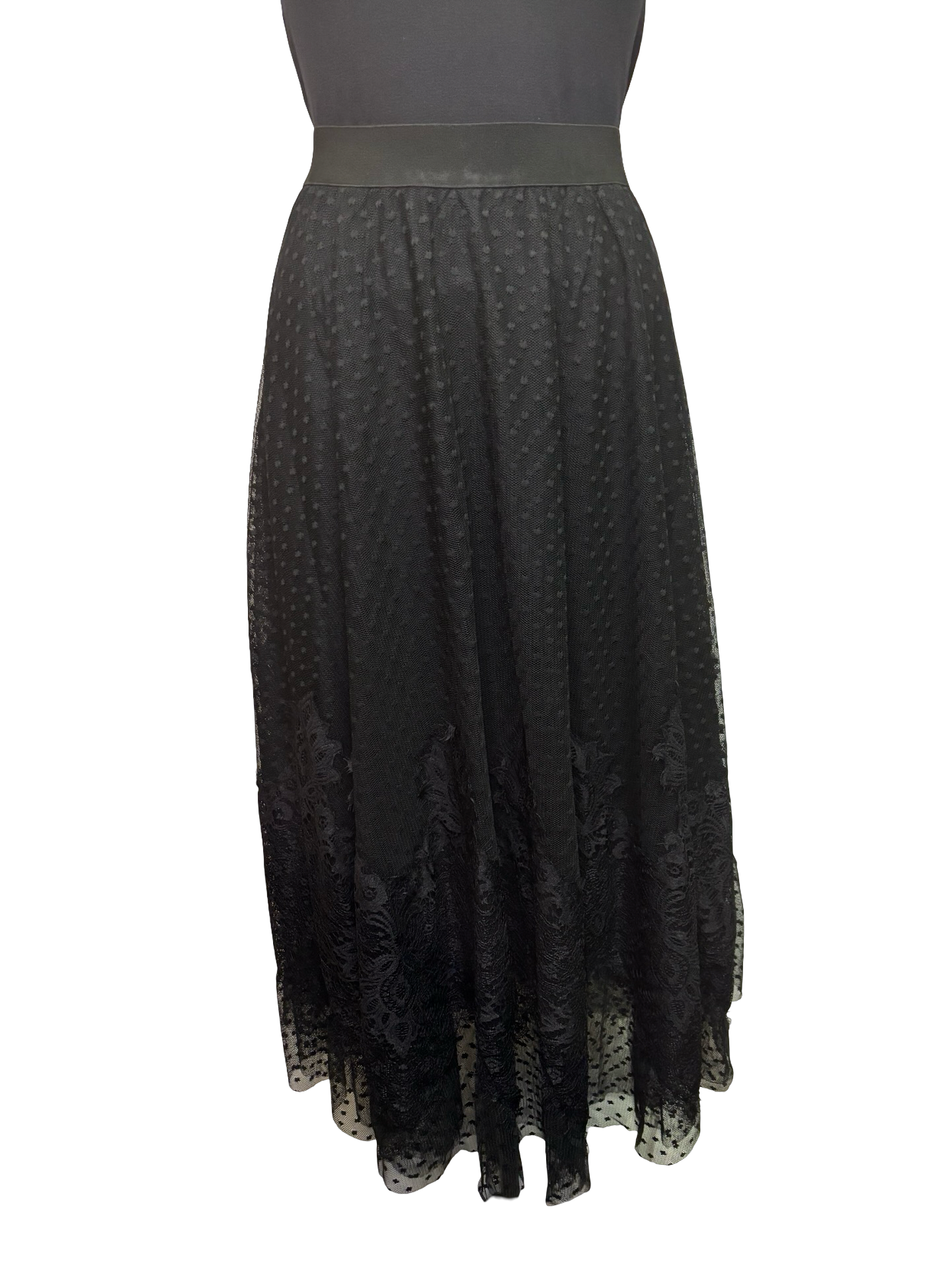 Dot Mesh Wide Lace Skirt Black