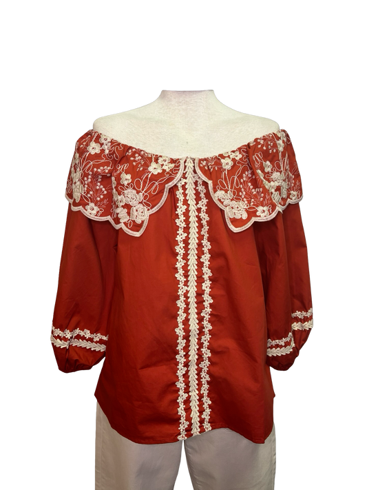 Embroidered Cotton Poplin Blouse Rust