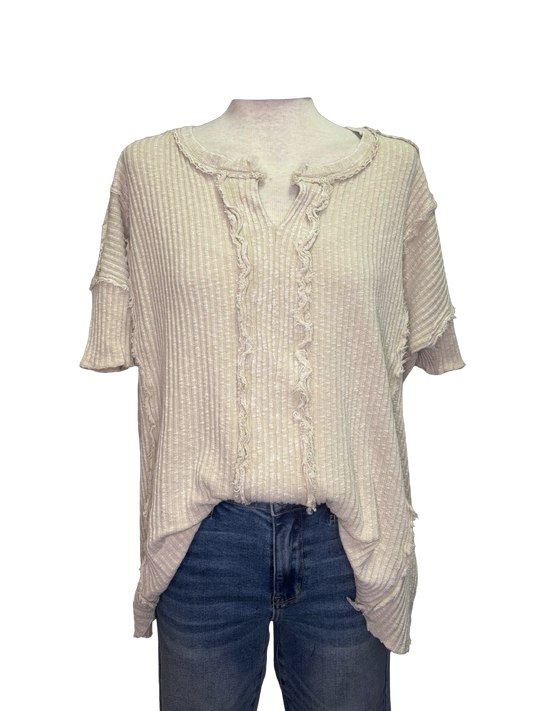 Rib Knit Mineral Washed Top Khaki