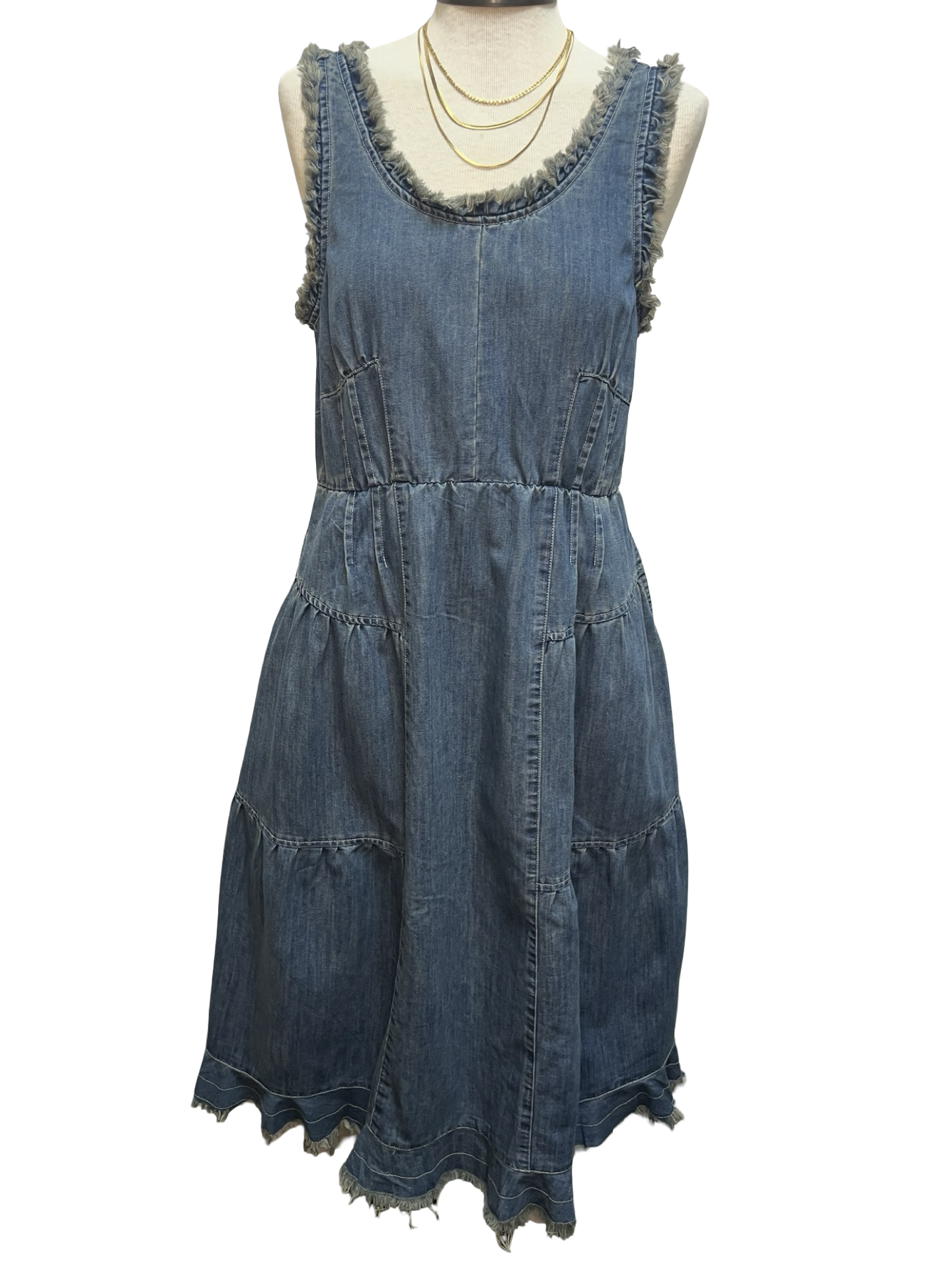 Sleeveless Washed Denim Tiered Dress