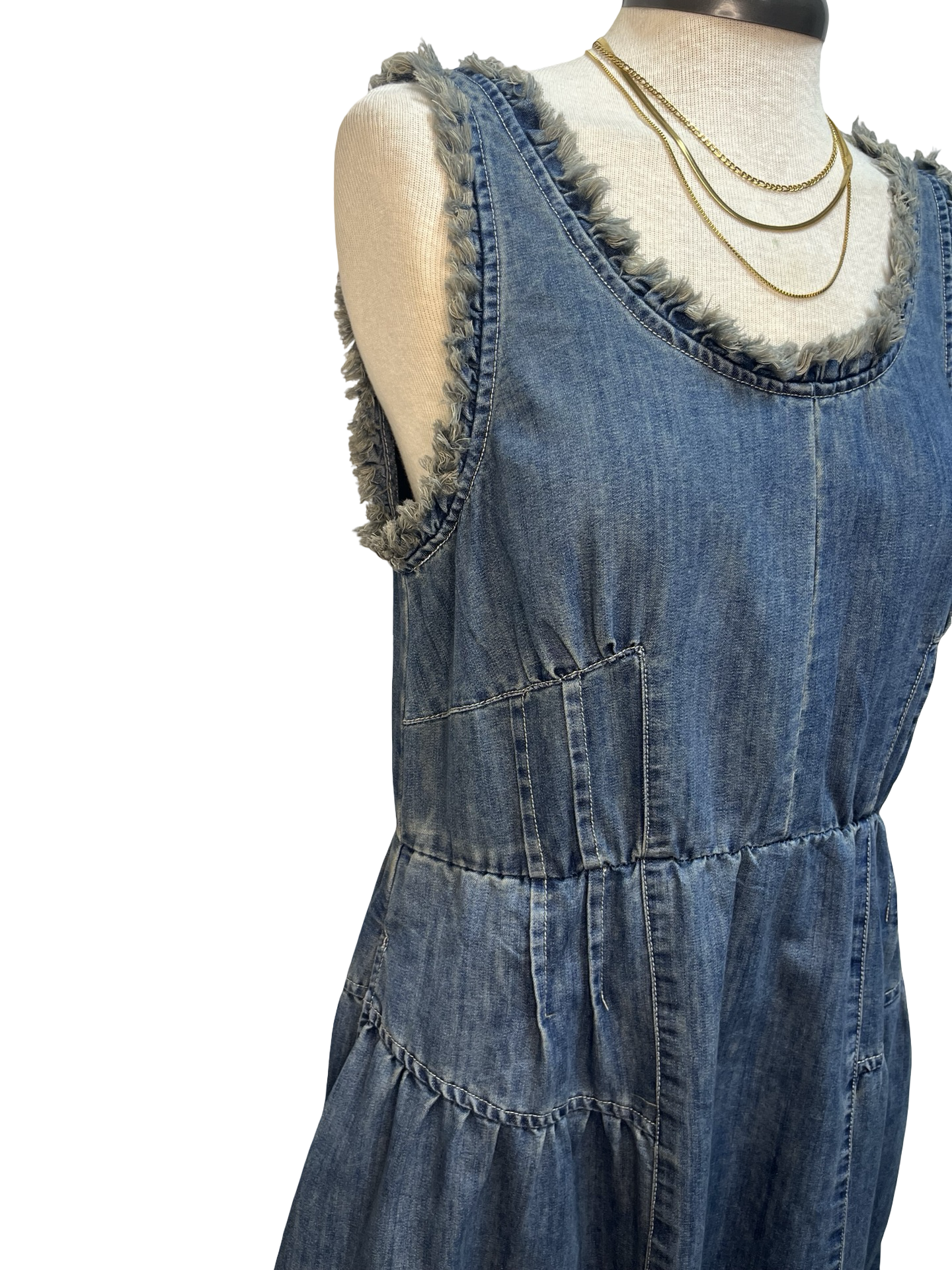 Sleeveless Washed Denim Tiered Dress