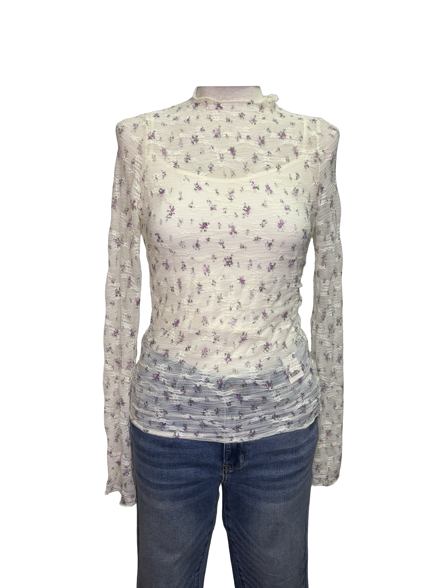 Ditsy Floral Printed Lace Top Ivory