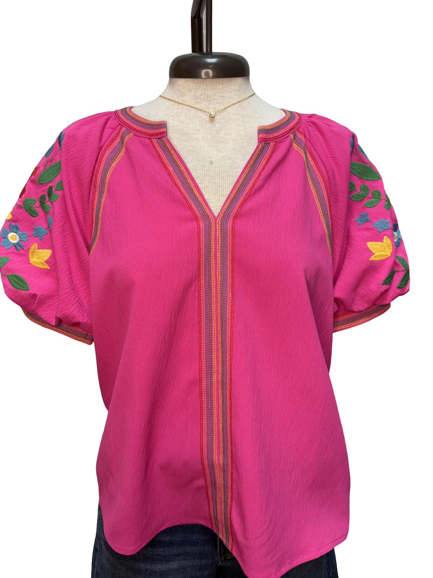 Embroidery Detail Puff Sleeve Top Pink