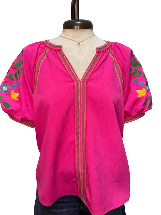 Embroidery Detail Puff Sleeve Top Pink