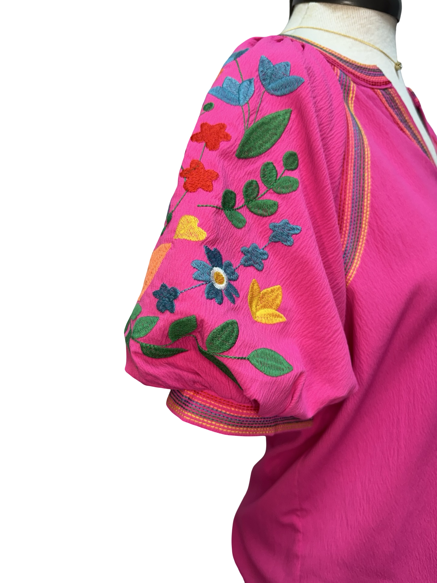 Embroidery Detail Puff Sleeve Top Pink