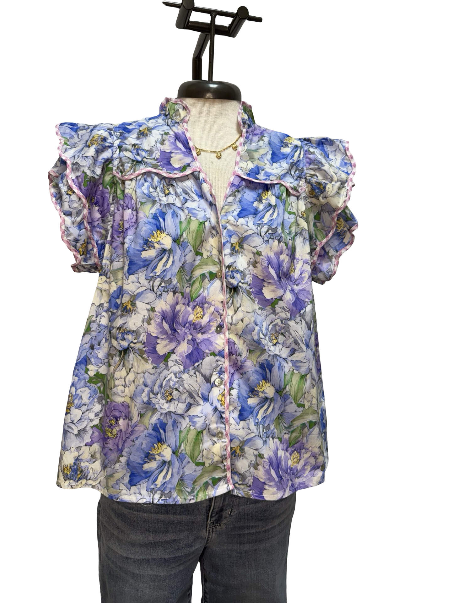 Floral Print Flutter Sleeve Top Blue