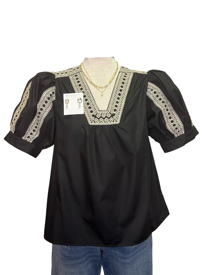 Abstract Pattern Embroidered Top Black