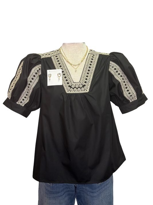 Abstract Pattern Embroidered Top Black