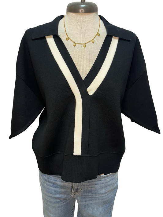Contrast Trim V Neck Top Black
