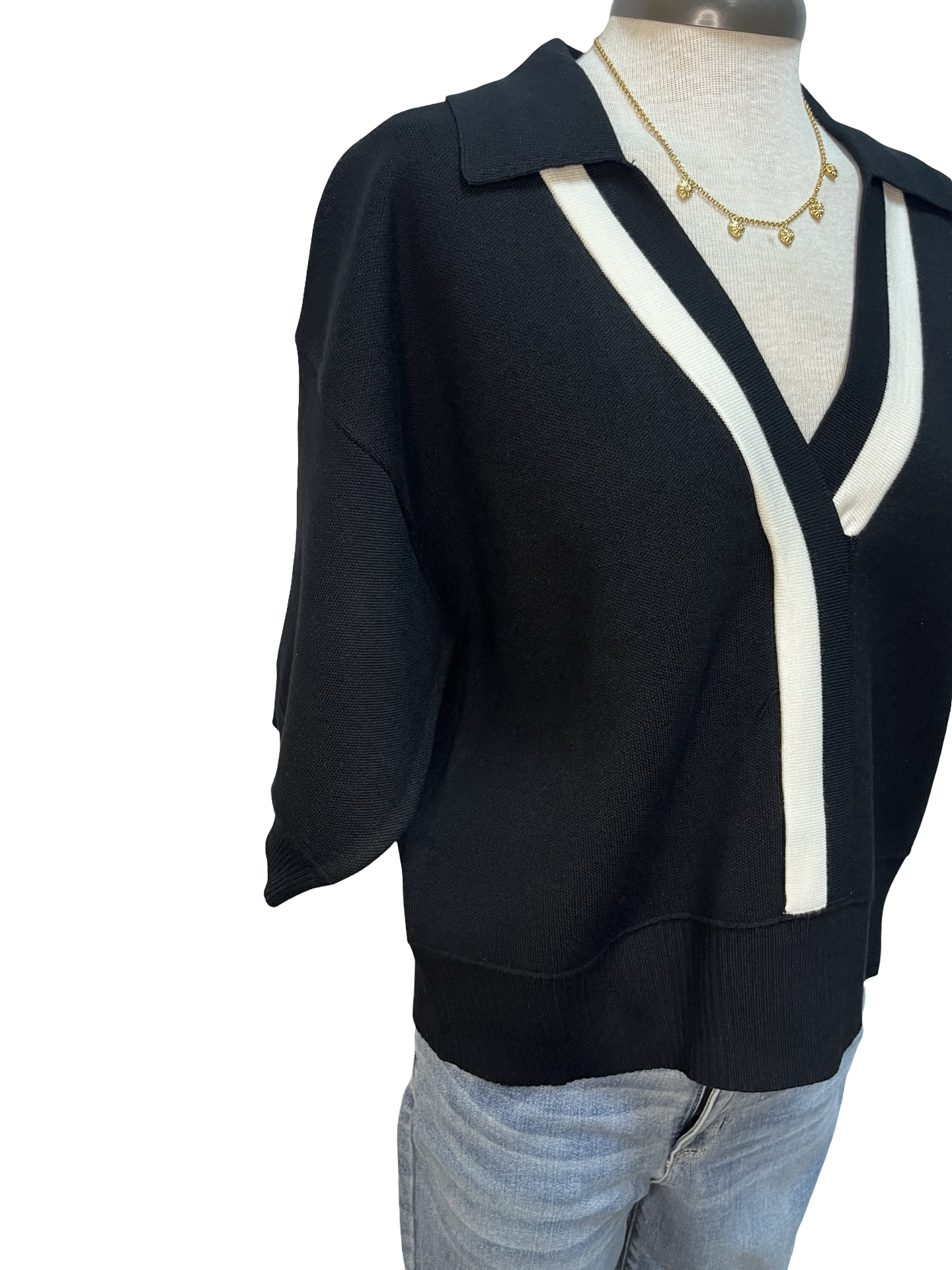 Contrast Trim V Neck Top Black