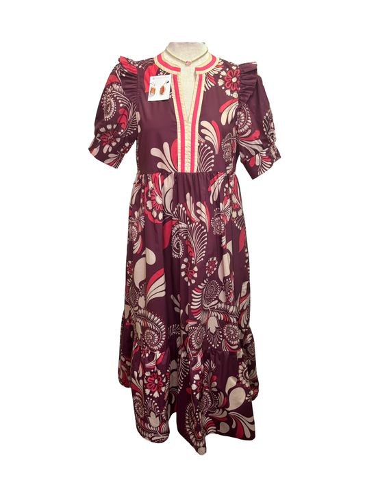 Paisley Pattern Midi Dress Plum