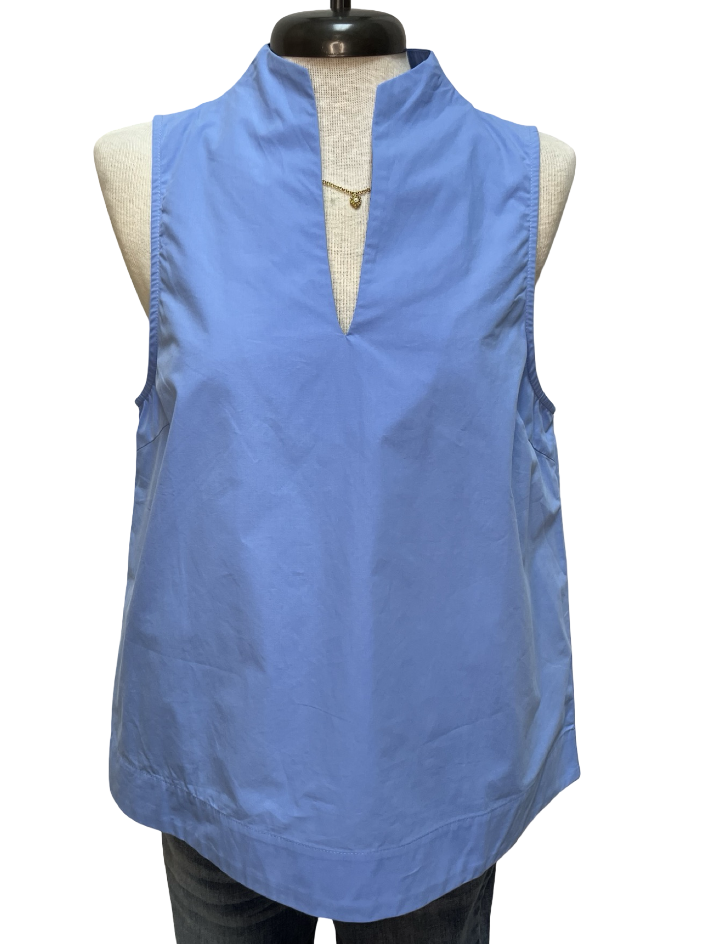 V Neck Stand Collar Top Chambray
