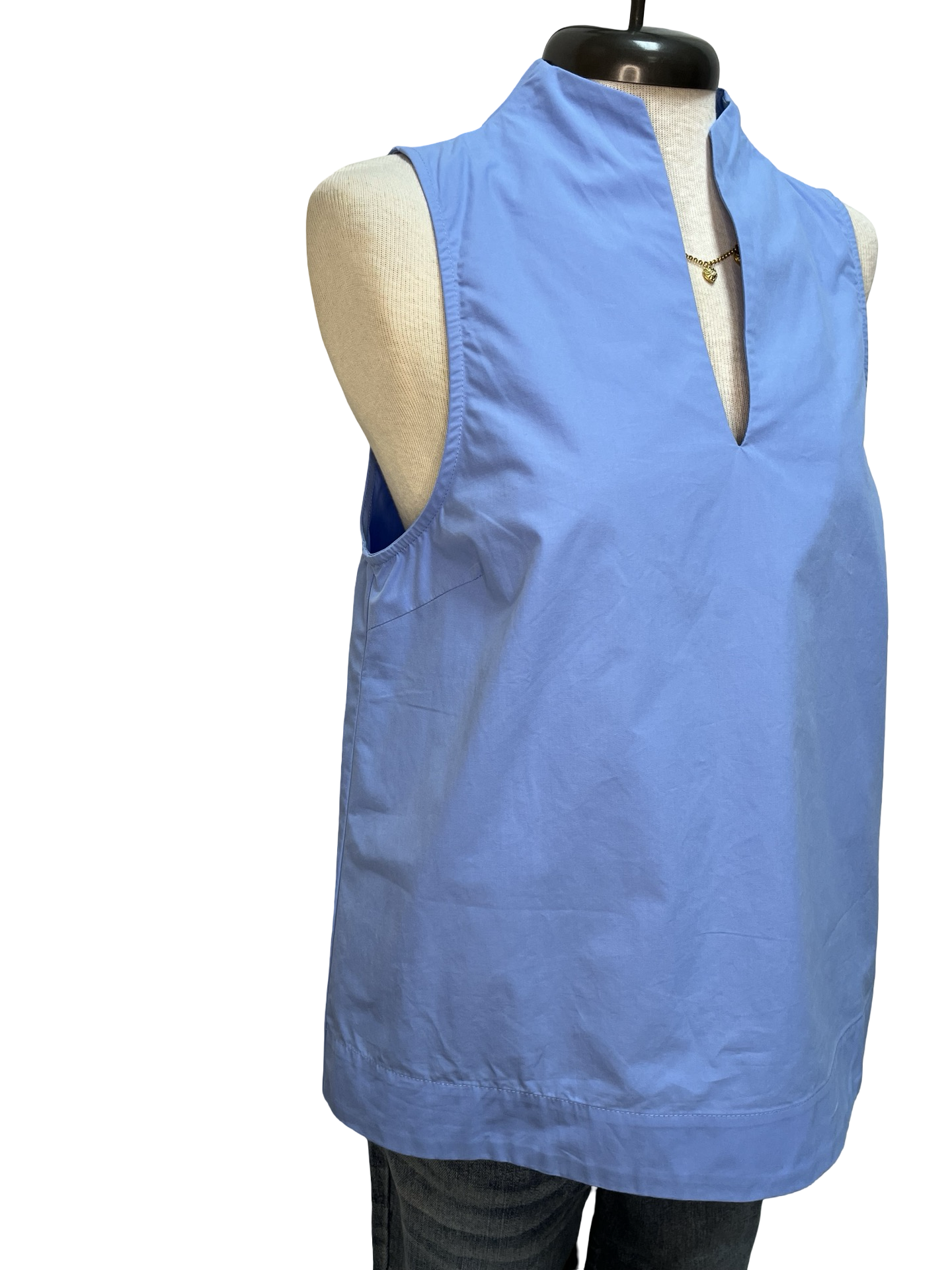 V Neck Stand Collar Top Chambray