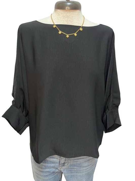 Wide Neckline Sleeve Cuff Top Black