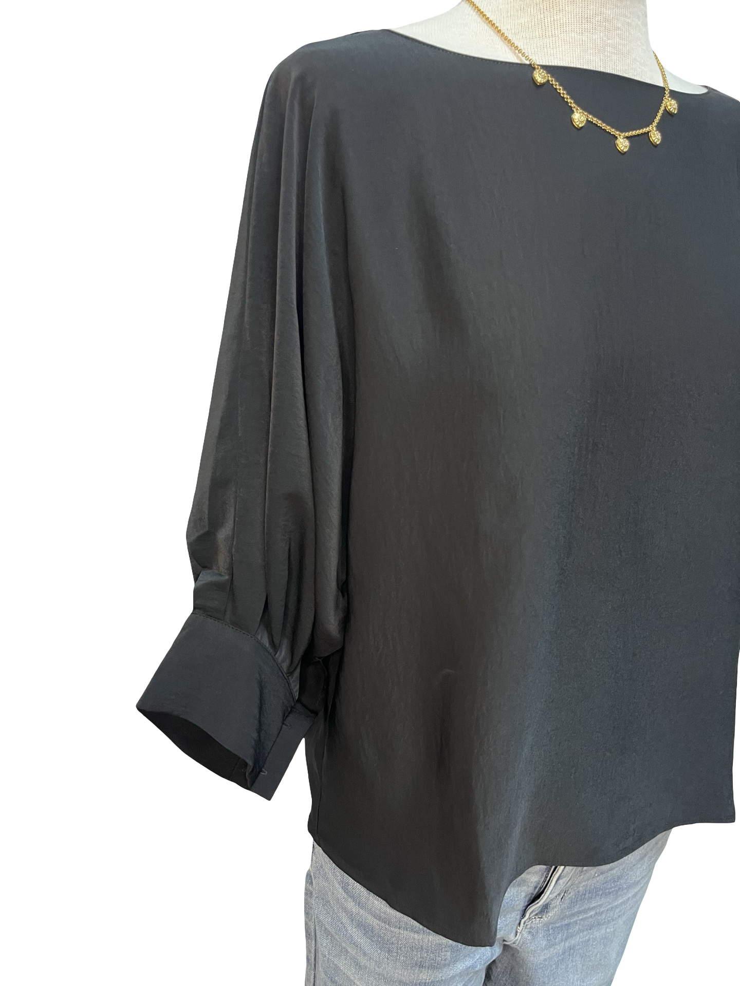 Wide Neckline Sleeve Cuff Top Black