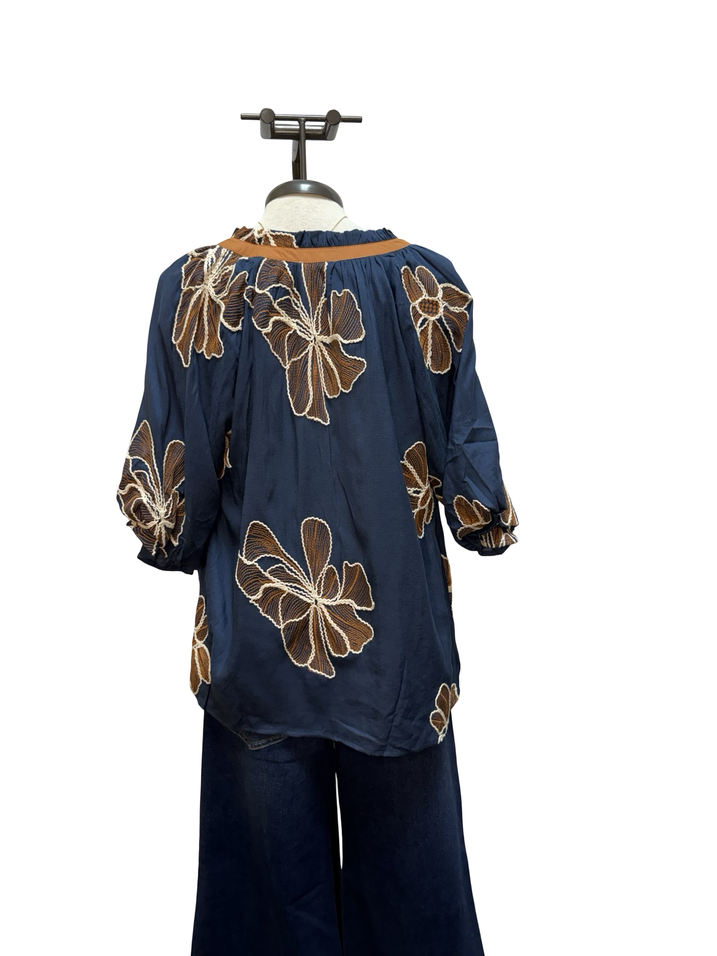 Floral Embroidered V Neck Relaxed Top Denim