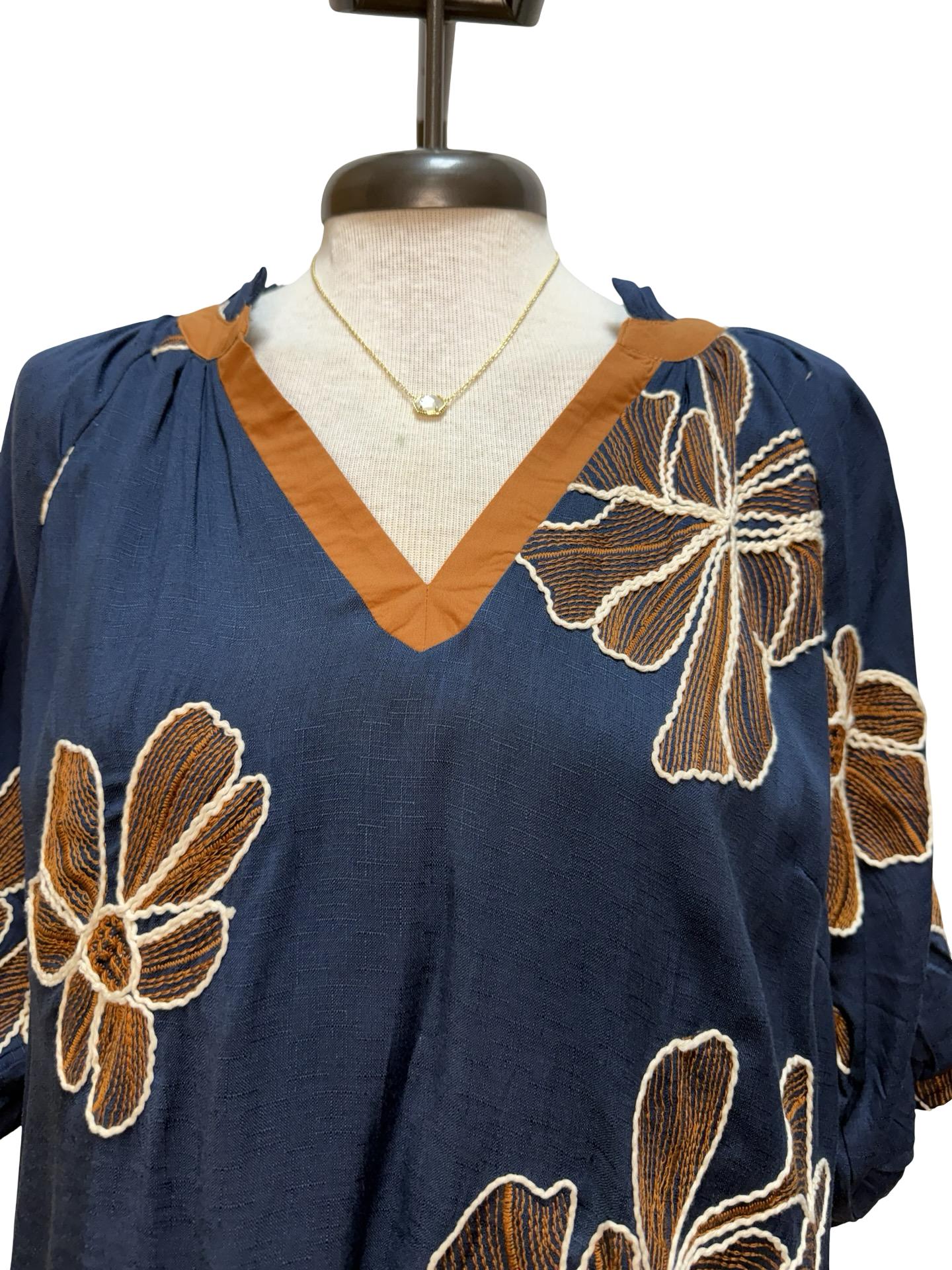 Floral Embroidered V Neck Relaxed Top Denim