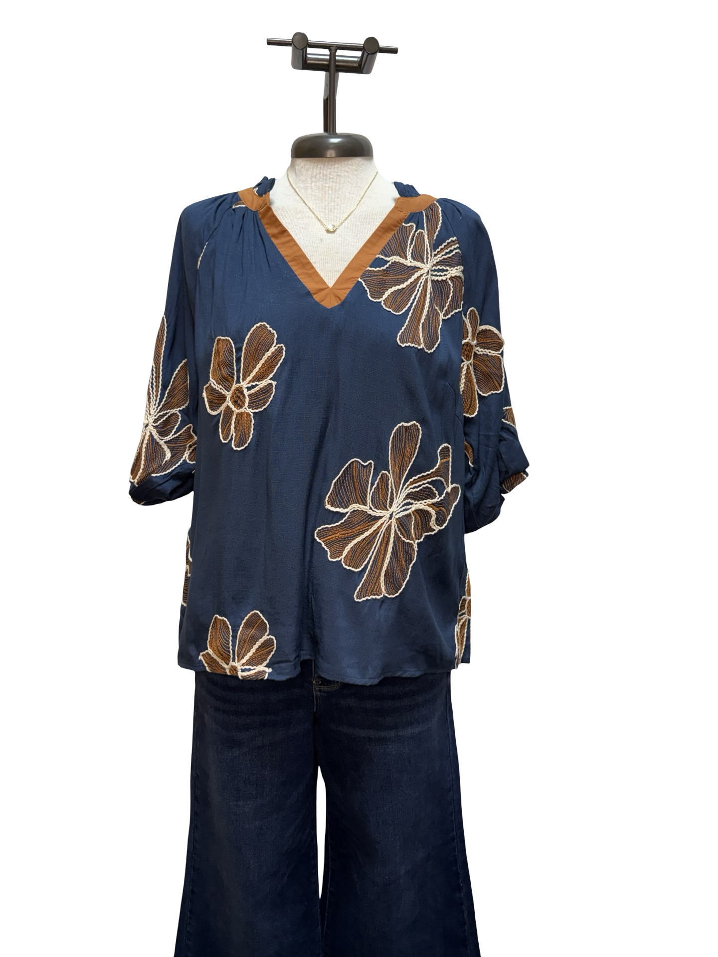 Floral Embroidered V Neck Relaxed Top Denim