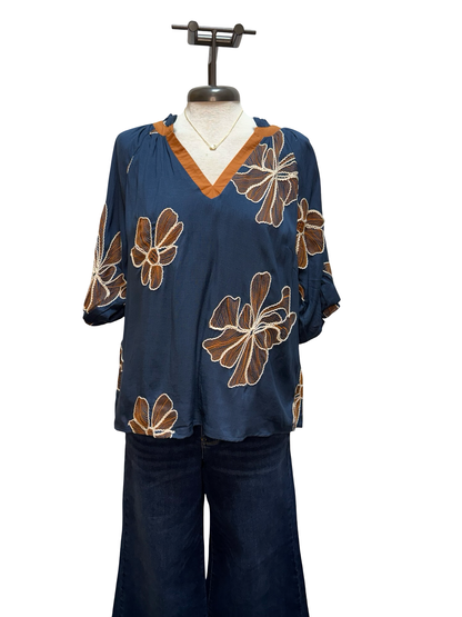Floral Embroidered V Neck Relaxed Top Denim