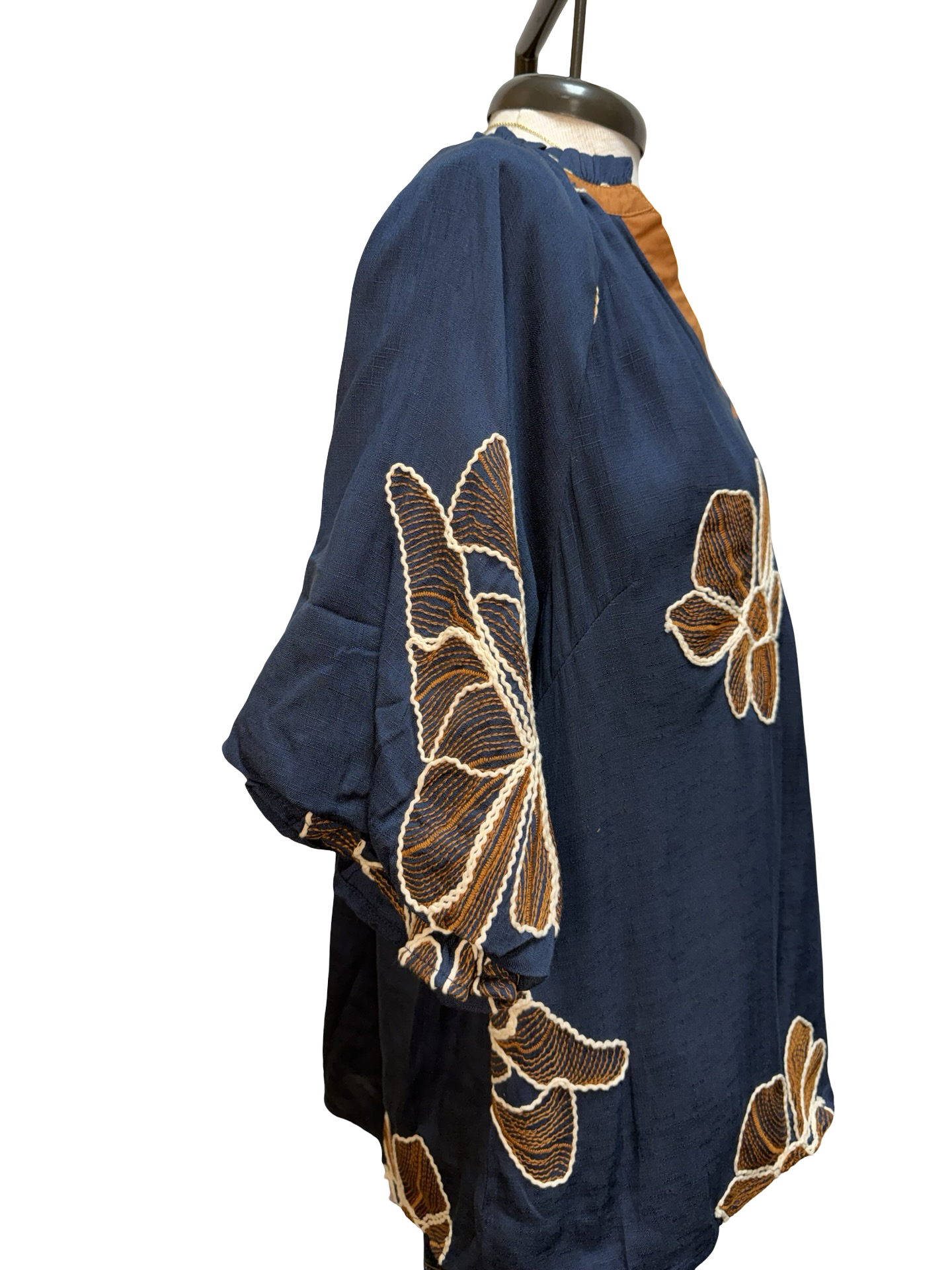 Floral Embroidered V Neck Relaxed Top Denim
