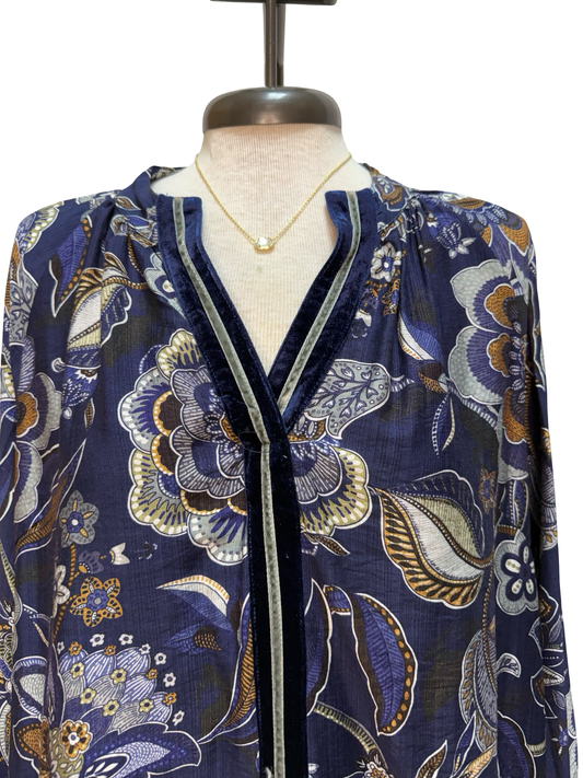Floral Print Long Sleeve Blouse Navy