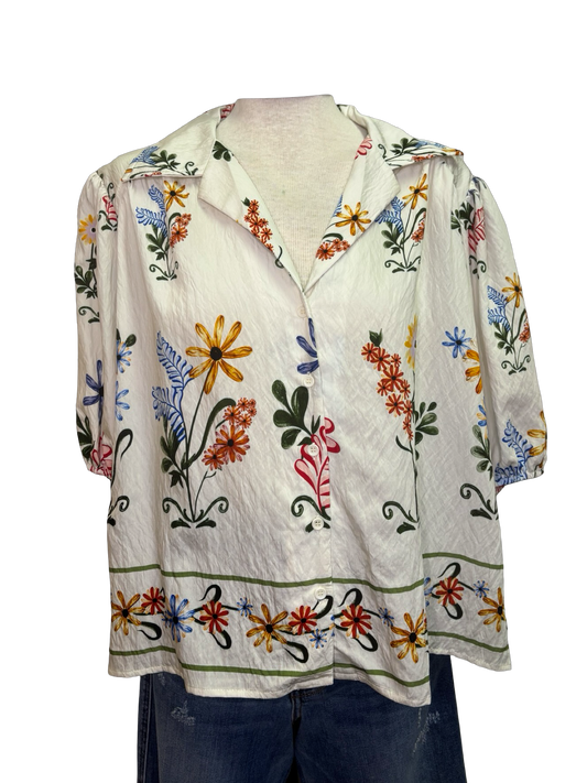 Floral Print Button Up Blouse Ivory