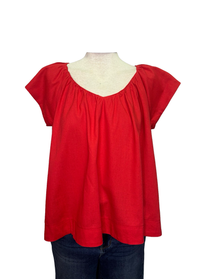 Linen V Neck Cap Sleeve Top Red