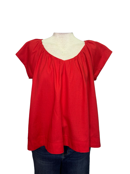 Linen V Neck Cap Sleeve Top Red