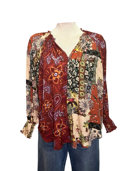 Mixed Print Long Sleeve Top Marsala
