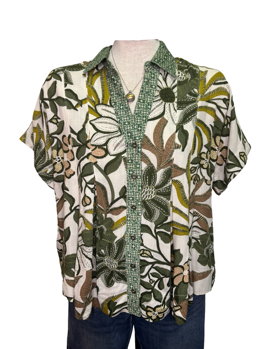 Pleat Detailed Button Down Top Olive Mix