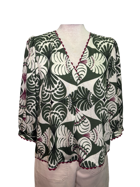 Printed V Neck Blouse Green Mix
