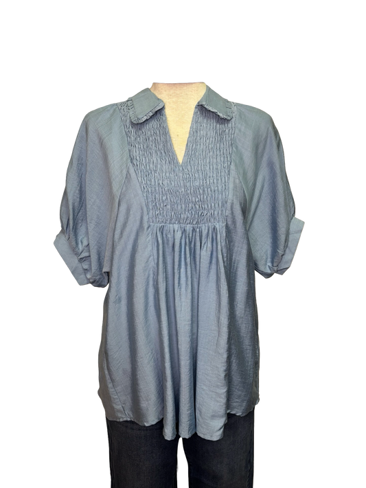 Smocked Puff Sleeve Top Lt Denim