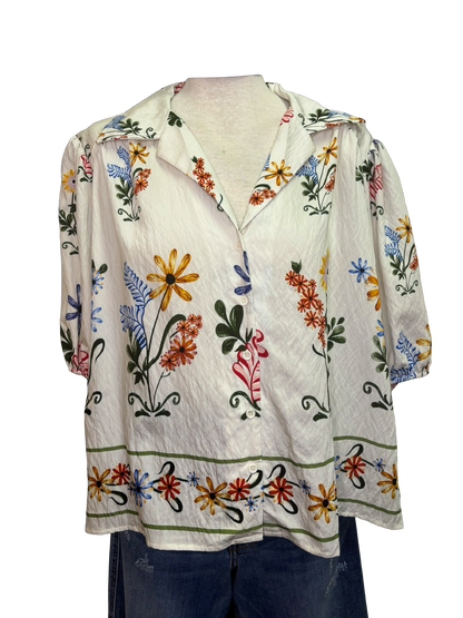 Floral Print Button Up Blouse Ivory