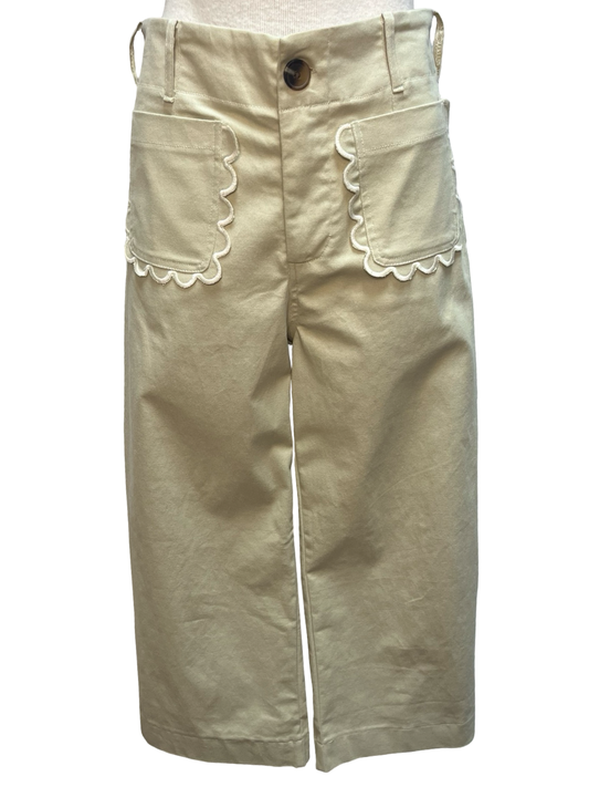 Colette Cropped Wide-Leg Scallop Pocket Detail Pants Bone