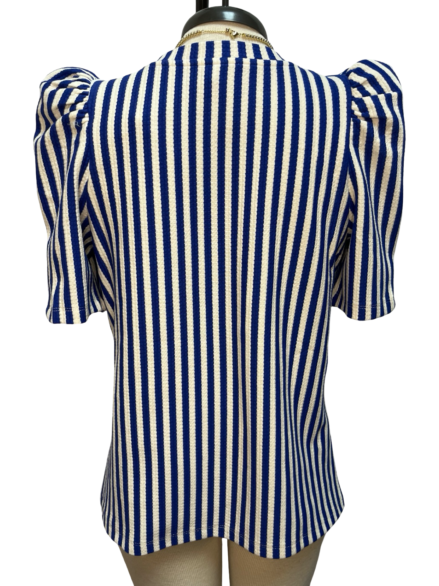 Round Neck Puff Sleeve Stripe Top Blue