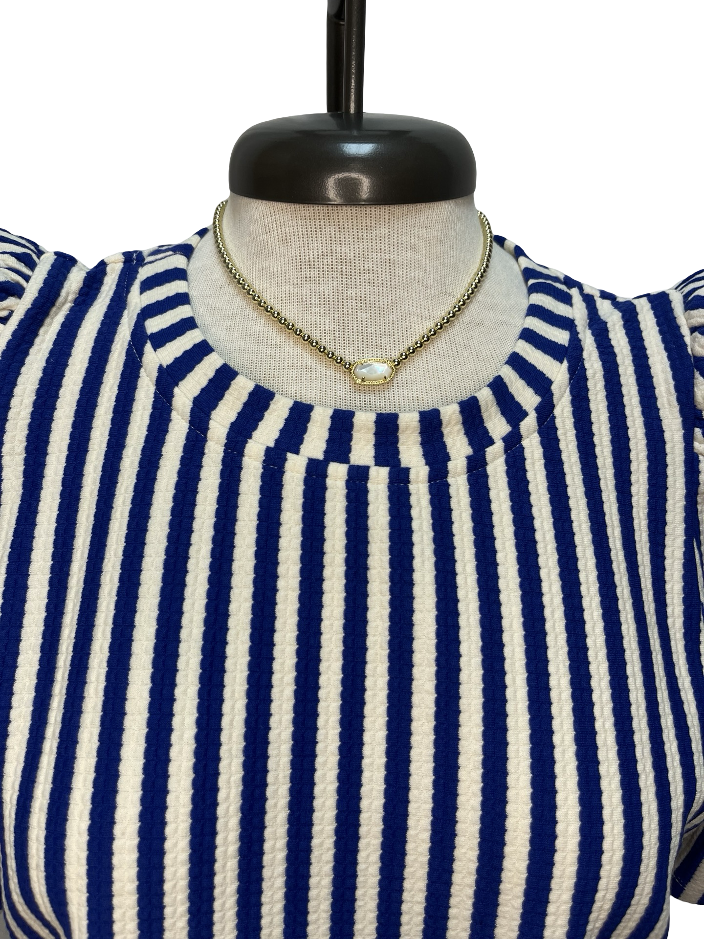 Round Neck Puff Sleeve Stripe Top Blue