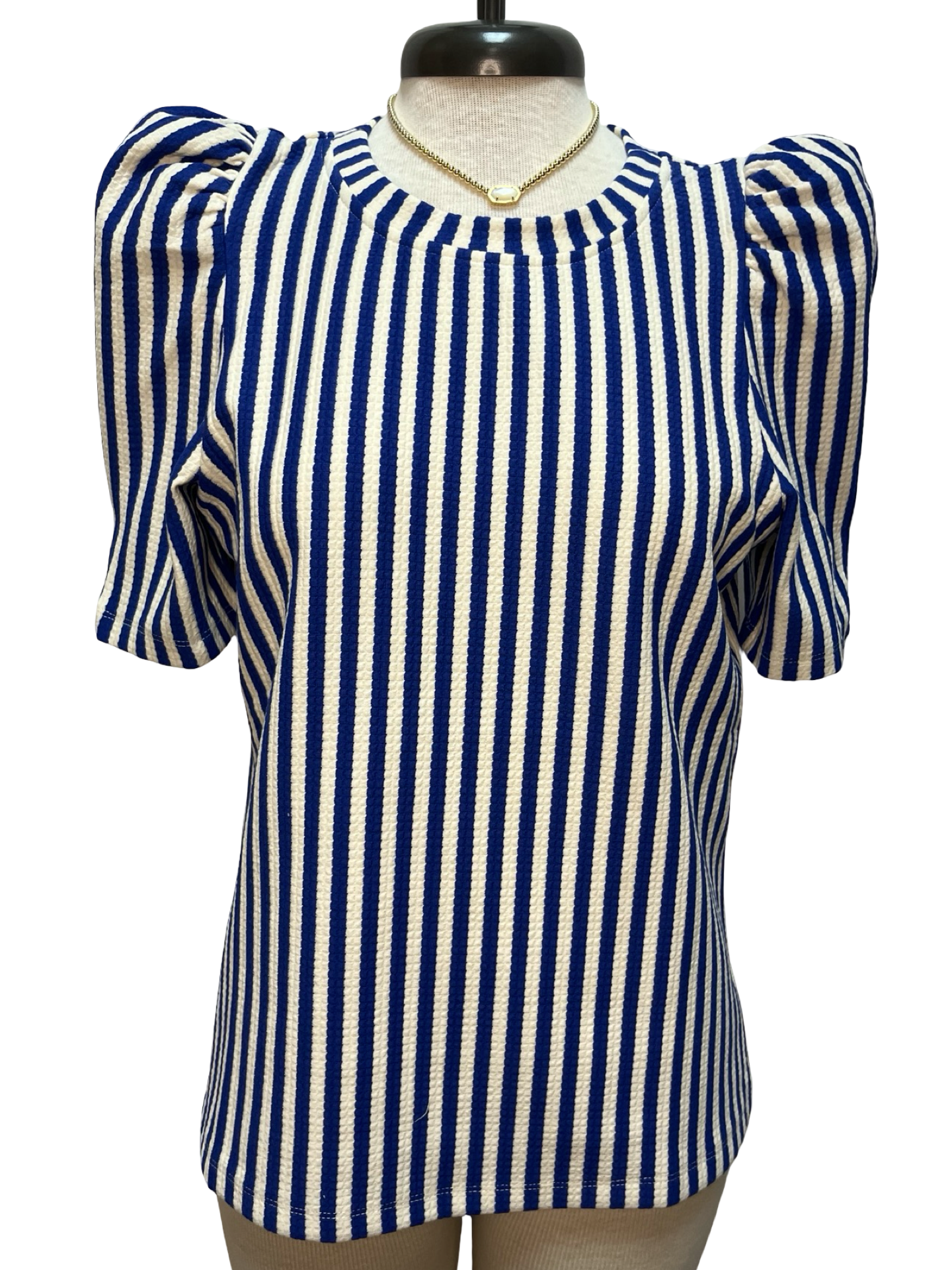 Round Neck Puff Sleeve Stripe Top Blue