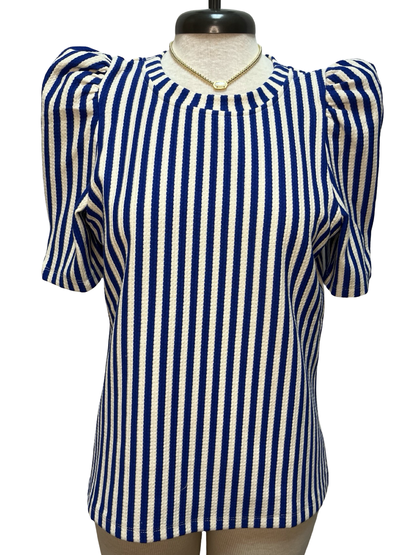 Round Neck Puff Sleeve Stripe Top Blue